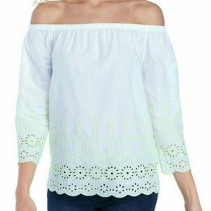 Crown & Ivy White/Lime Off The Shoulder Eyelet Top